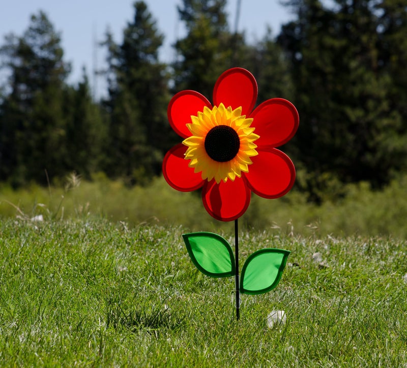 In the Breeze 2774 â€” 12-inch Red Sunflower Wind Spinner with Leaves â€” Colorful Flower for Yard and Garden - Image 2